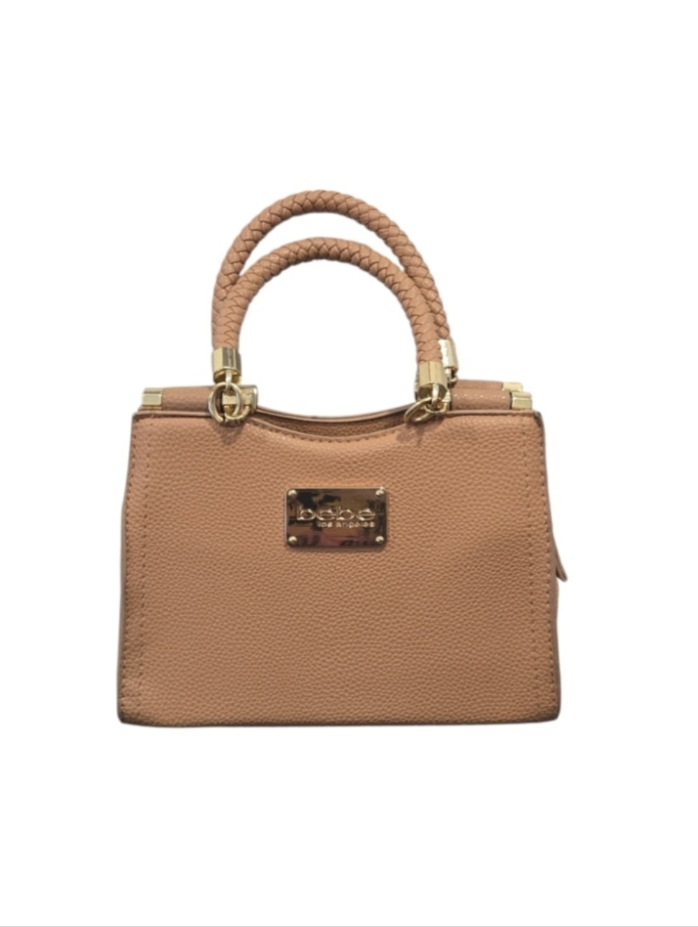 bebe Peach-Tan Braided-Handle Satchel with Gold Plaque